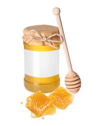 Image of Sweet honey in glass jar with blank label, wooden honey dipper and pieces of honeycomb on white background. Mockup for design