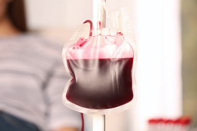 Photo of Blood donation pack hanging on dropper stand at hospital