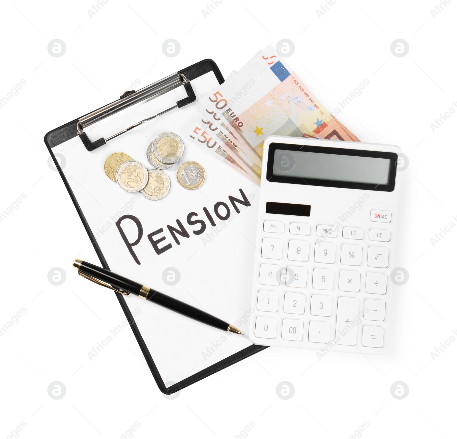 Photo of Calculator, money, clipboard with paper sheet and pen isolated on white, top view. Pension concept