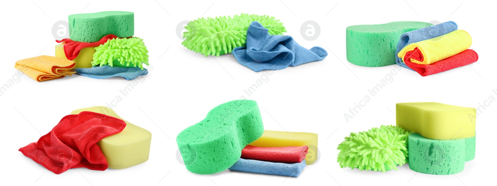 Image of Set with sponges and rags on white background. Car products