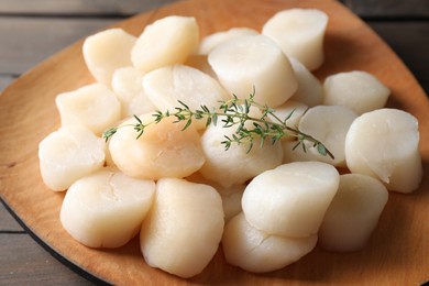 Photo of Fresh raw scallops and thyme on wooden table, closeup