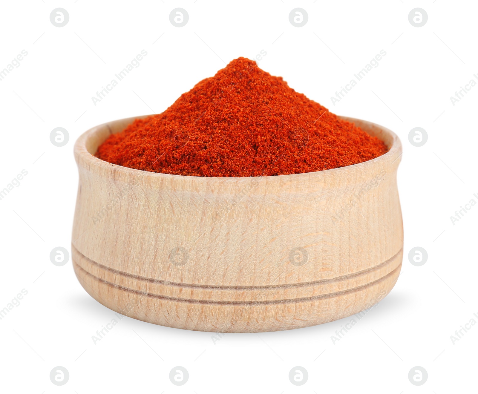 Photo of Bowl with aromatic paprika powder isolated on white