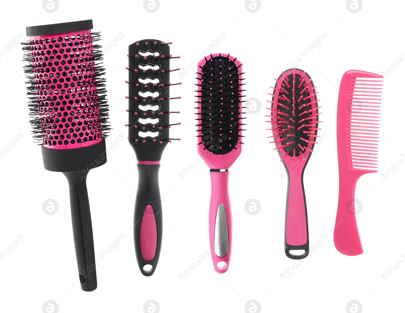 Image of Set with different hair brushes and comb on white background