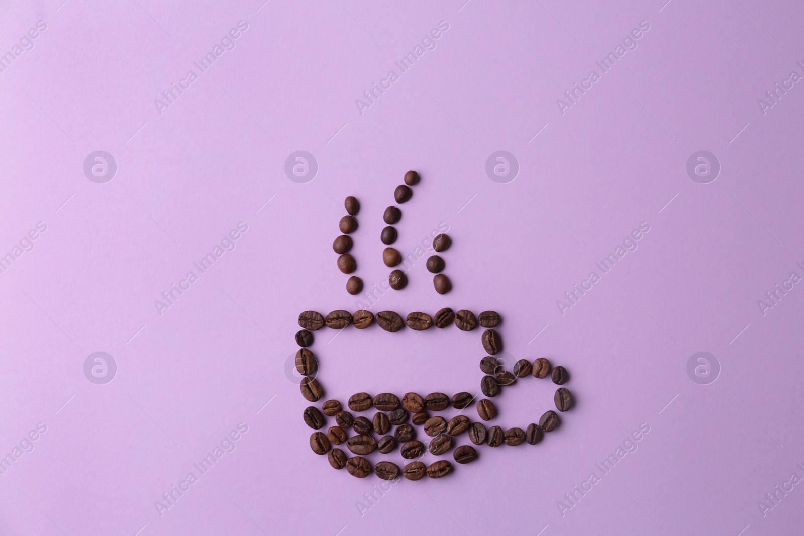 Photo of Cup made of coffee beans on lilac background, flat lay