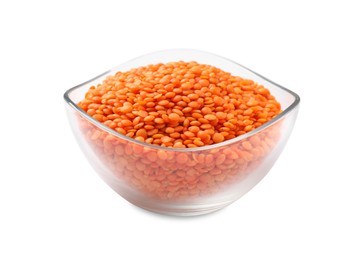 Photo of Raw red lentils in bowl isolated on white
