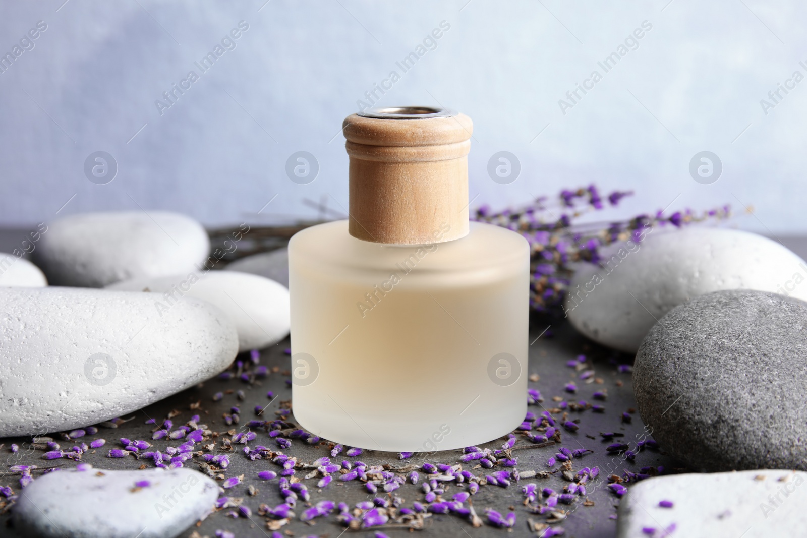 Photo of Natural herbal oil and lavender flowers on table against blurred background