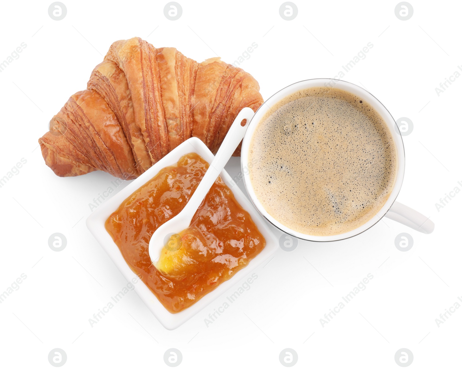 Photo of Fresh croissant, jam and coffee isolated on white. Tasty breakfast