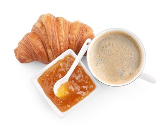 Photo of Fresh croissant, jam and coffee isolated on white. Tasty breakfast