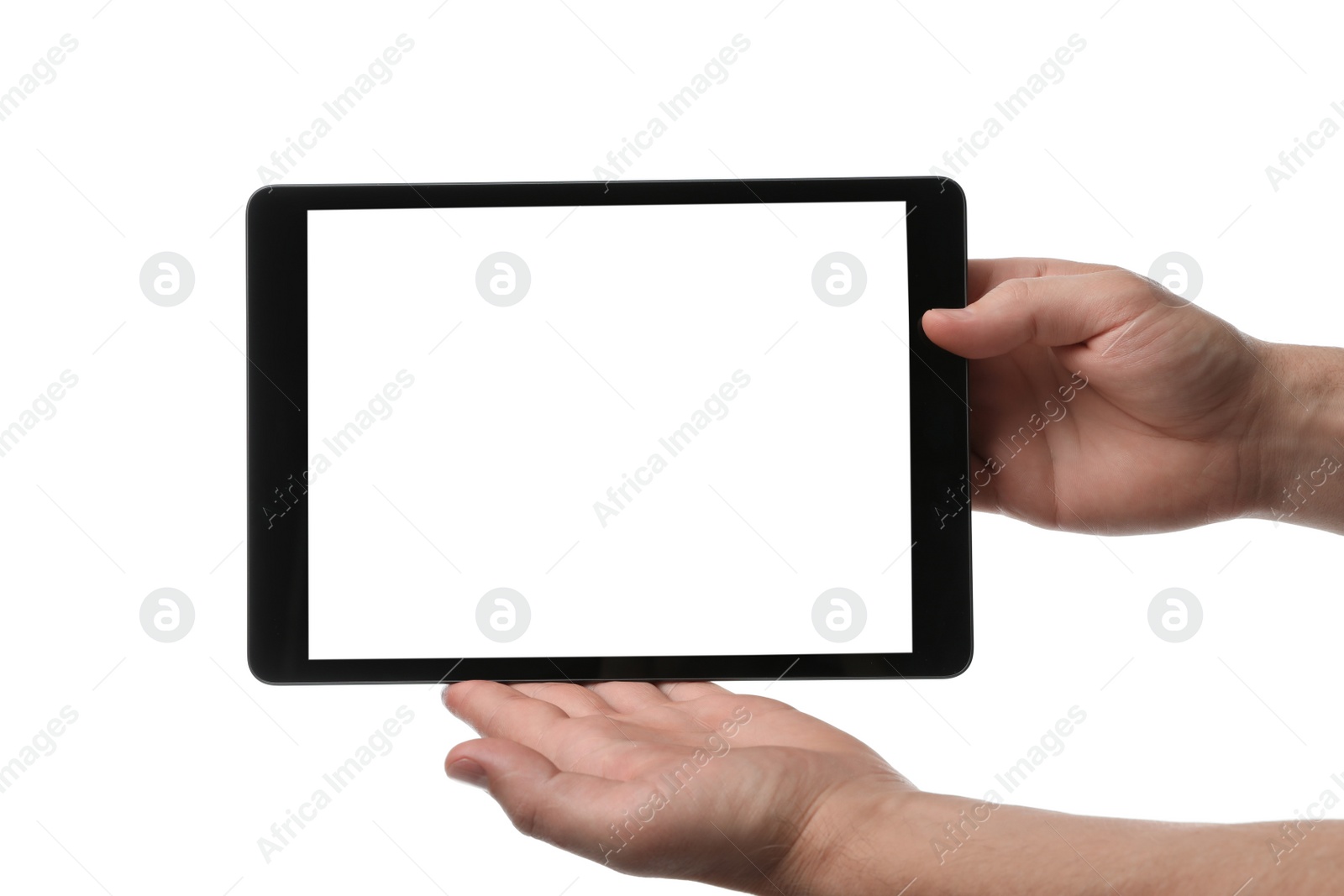 Photo of Man holding tablet computer with blank screen on white background, closeup. Modern gadget