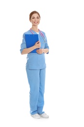 Full length portrait of medical doctor with clipboard and stethoscope isolated on white