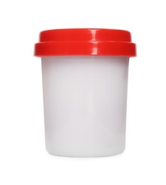 Photo of Plastic container of colorful play dough isolated on white
