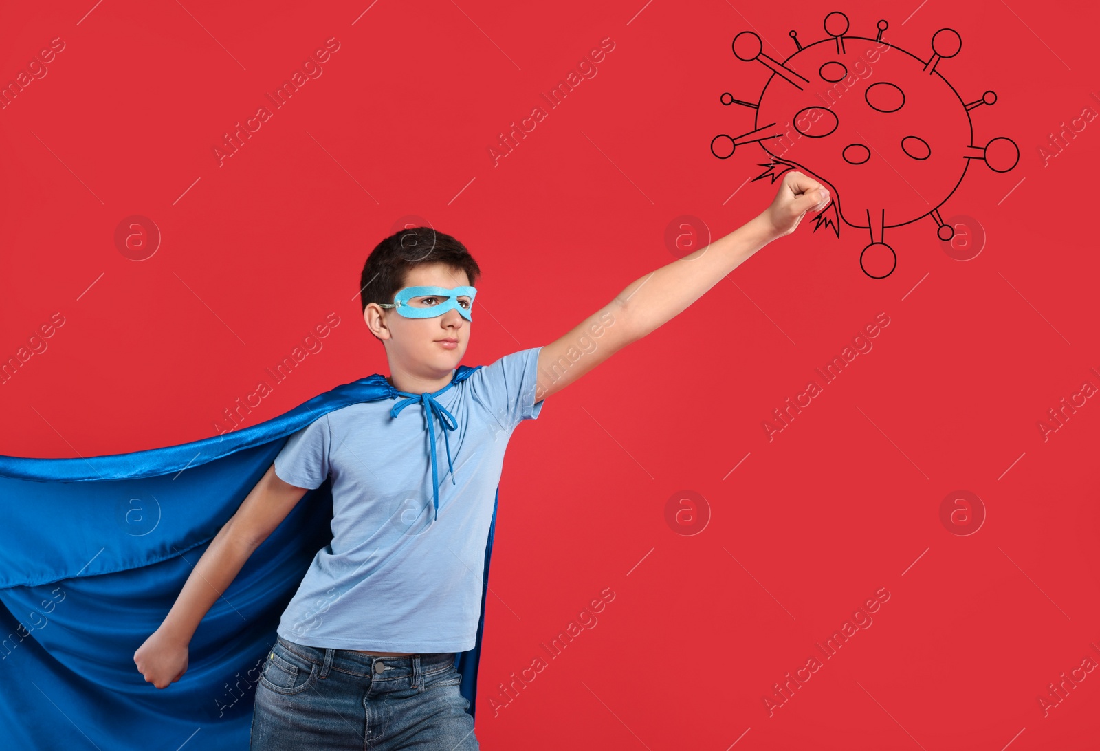 Image of Teenage boy wearing superhero costume fighting against virus on red background