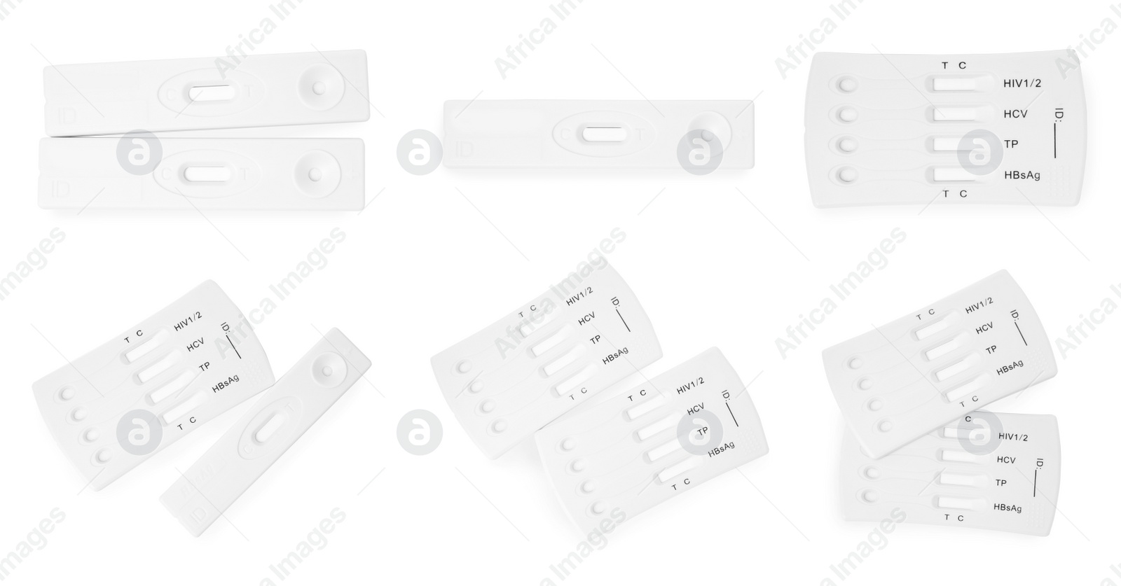 Image of Set with disposable express test for hepatitis on white background, top view