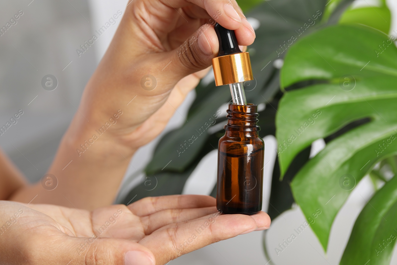 Photo of Woman with bottle of cosmetic serum near green plant, closeup