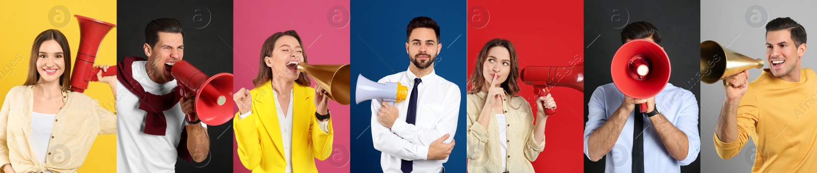 Image of Collage of people with megaphones on color backgrounds. Banner design 