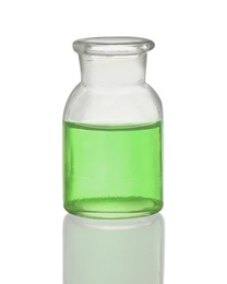 Photo of Apothecary bottle with light green liquid isolated on white