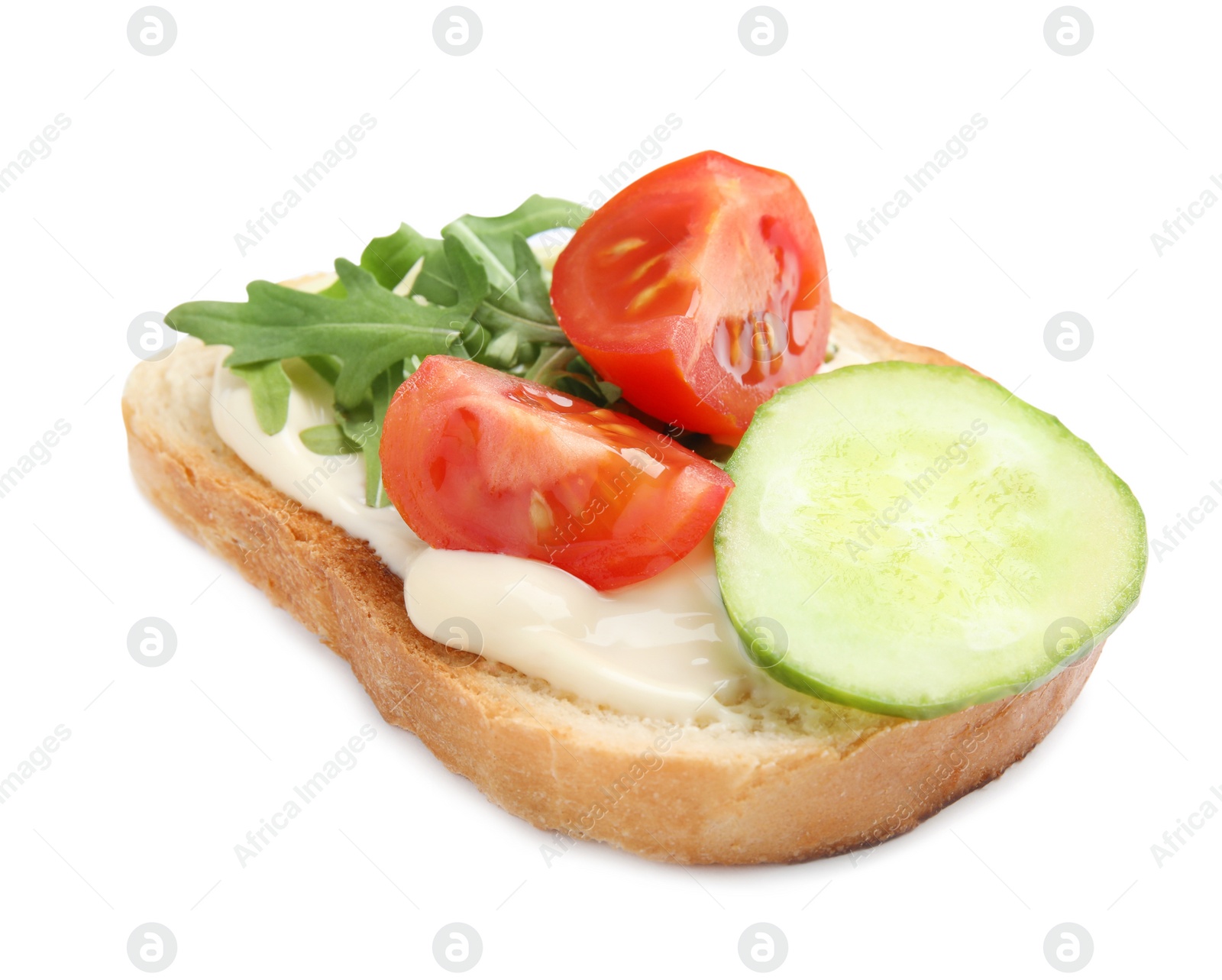 Photo of Slice of bread with spread and vegetables on white background