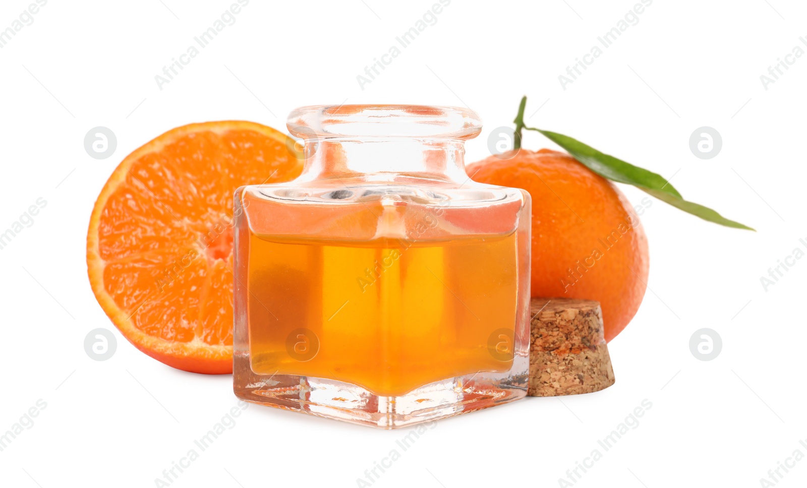 Photo of Aromatic tangerine essential oil in bottle and citrus fruits isolated on white