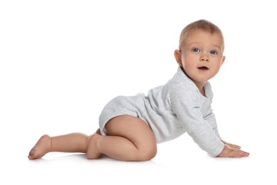 Photo of Cute little baby crawling on white background