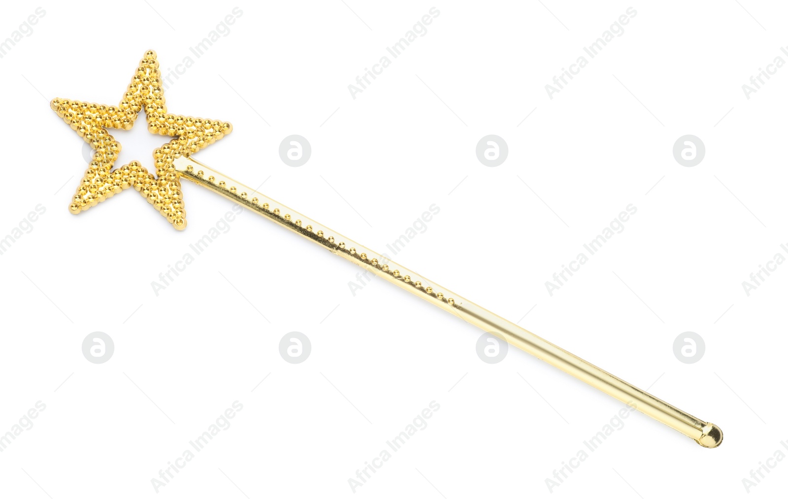 Photo of Beautiful golden magic wand isolated on white, top view