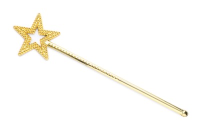 Photo of Beautiful golden magic wand isolated on white, top view