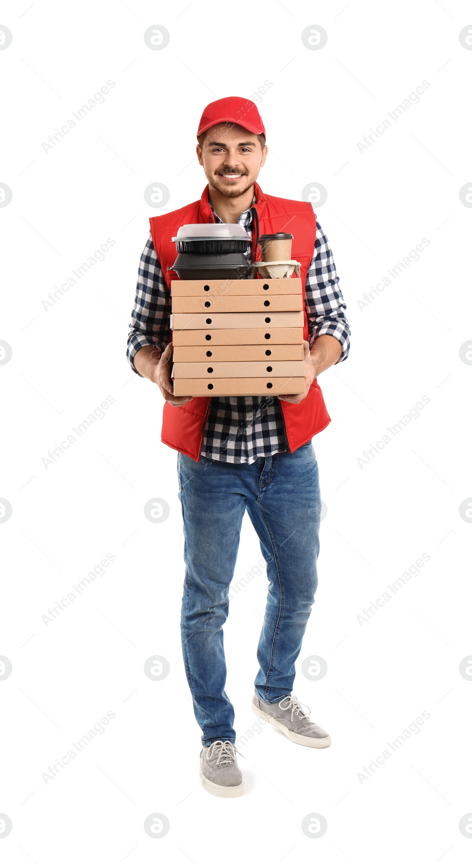 Photo of Young courier with different containers on white background. Food delivery service