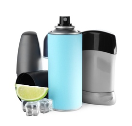 Photo of Different male deodorants with ice and lime on white background