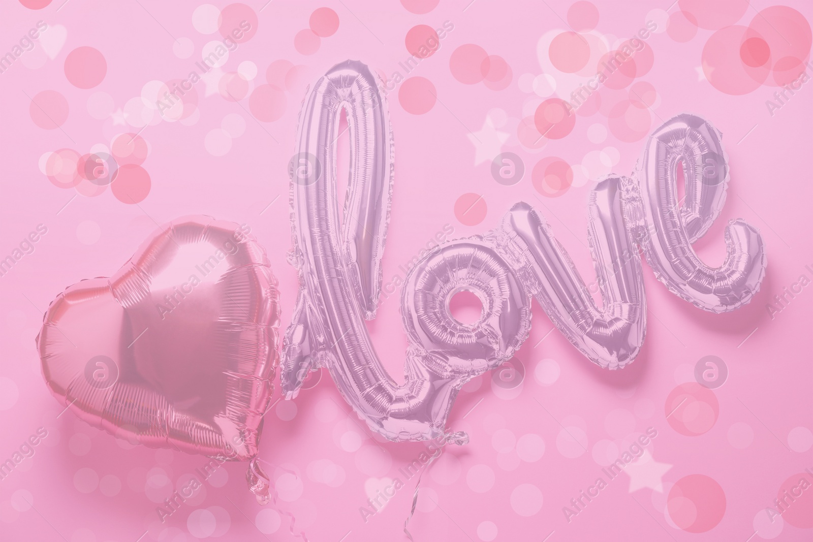 Image of LOVE word and heart balloons on pink background, flat lay