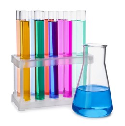 Photo of Test tubes and conical flask with colorful liquids on white background