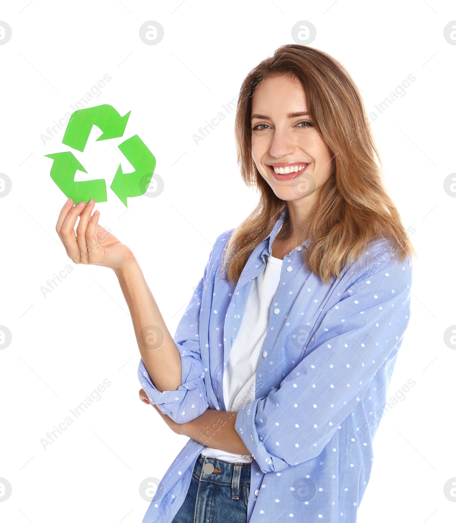 Photo of Young woman with recycling symbol on white background