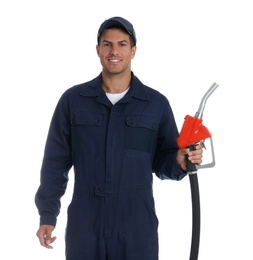 Photo of Gas station worker with fuel nozzle on white background