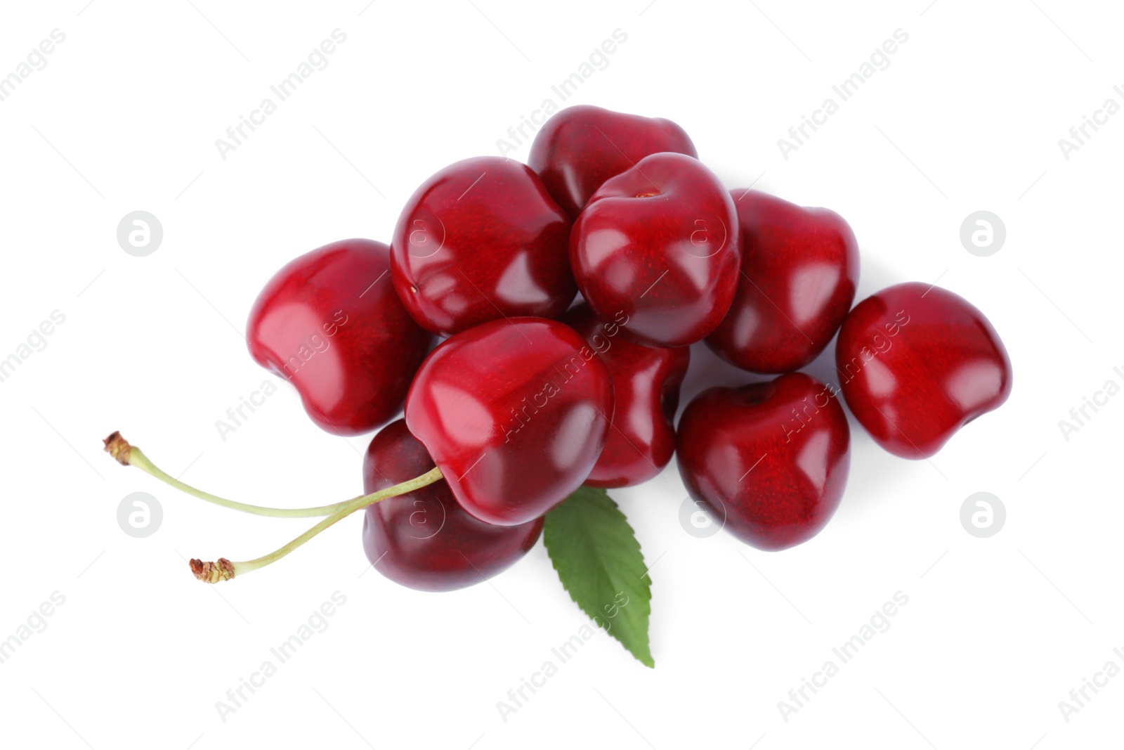 Photo of Tasty ripe red cherries with green leaf isolated on white, top view