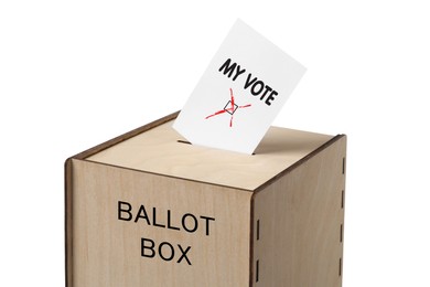 Paper with text My Vote and tick sticking out of ballot box on white background