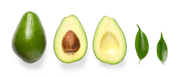 Composition with ripe fresh avocados on white background