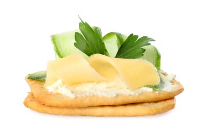 Photo of Delicious cracker with cream cheese, cucumber and parsley isolated on white