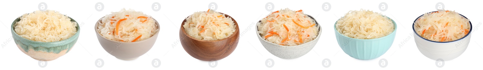 Image of Set with tasty fermented cabbage with carrot on white background. Banner design