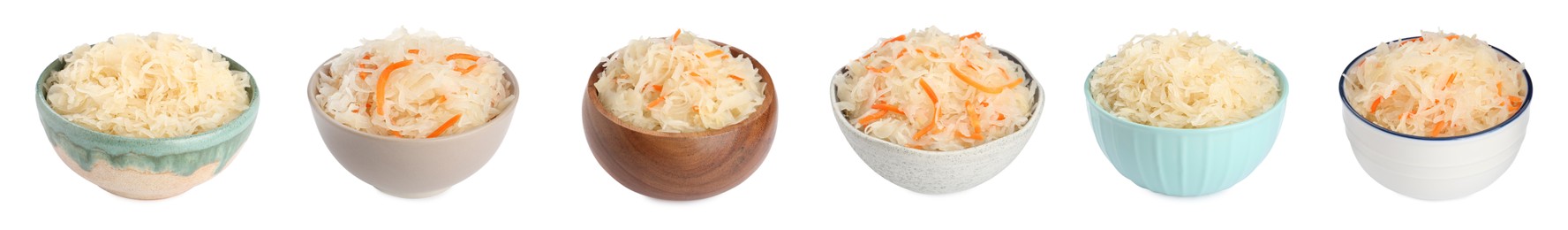 Image of Set with tasty fermented cabbage with carrot on white background. Banner design