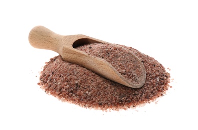Photo of Pile of ground black salt with wooden scoop isolated on white