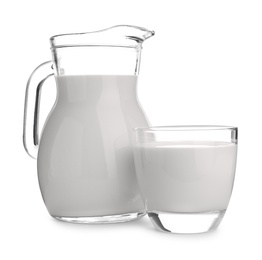 Jug and glass with fresh milk on white background