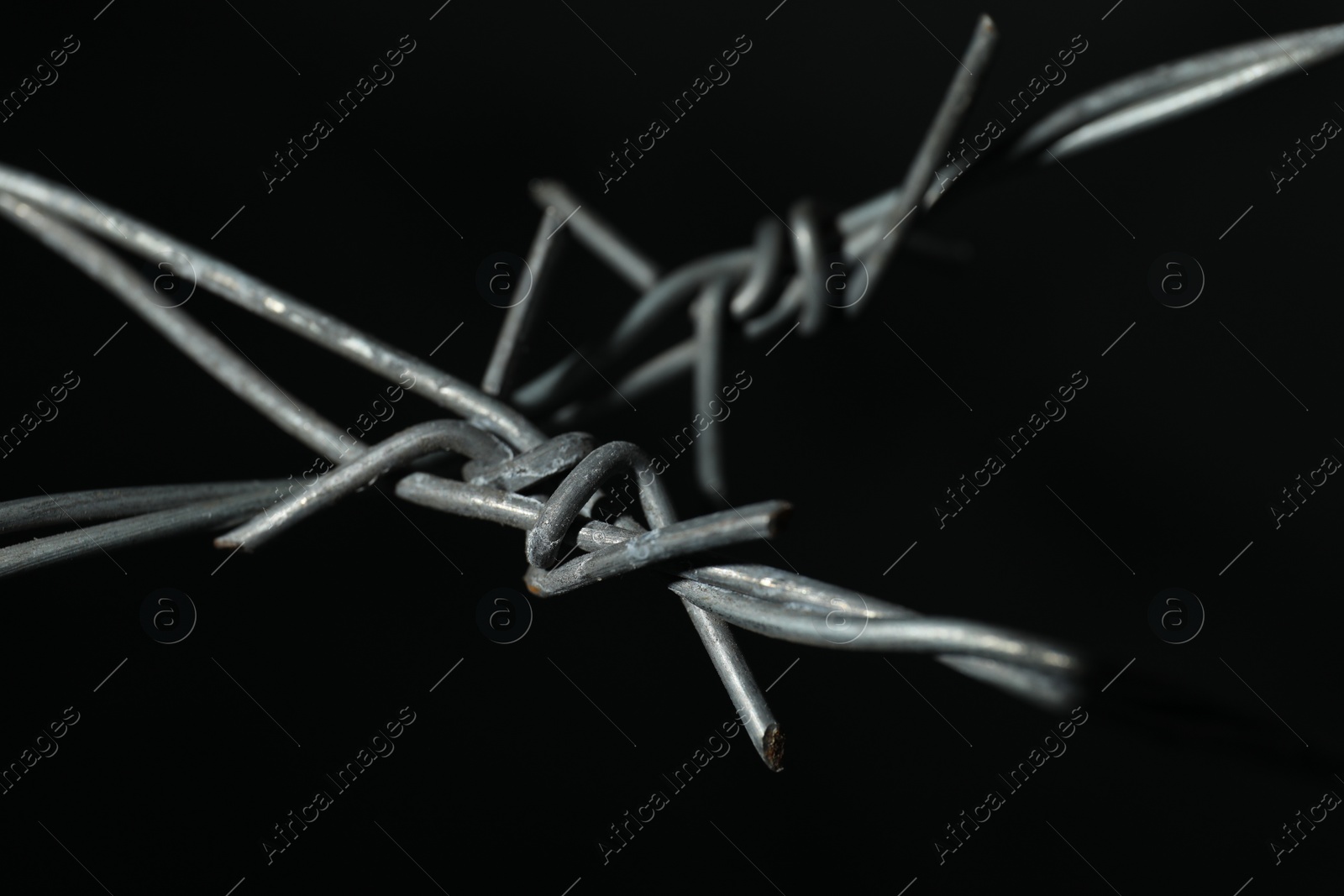 Photo of Shiny metal barbed wire on black background, closeup