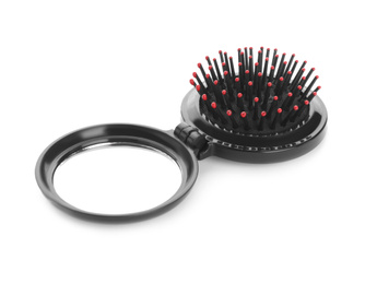 Photo of Round folding hair brush with mirror isolated on white