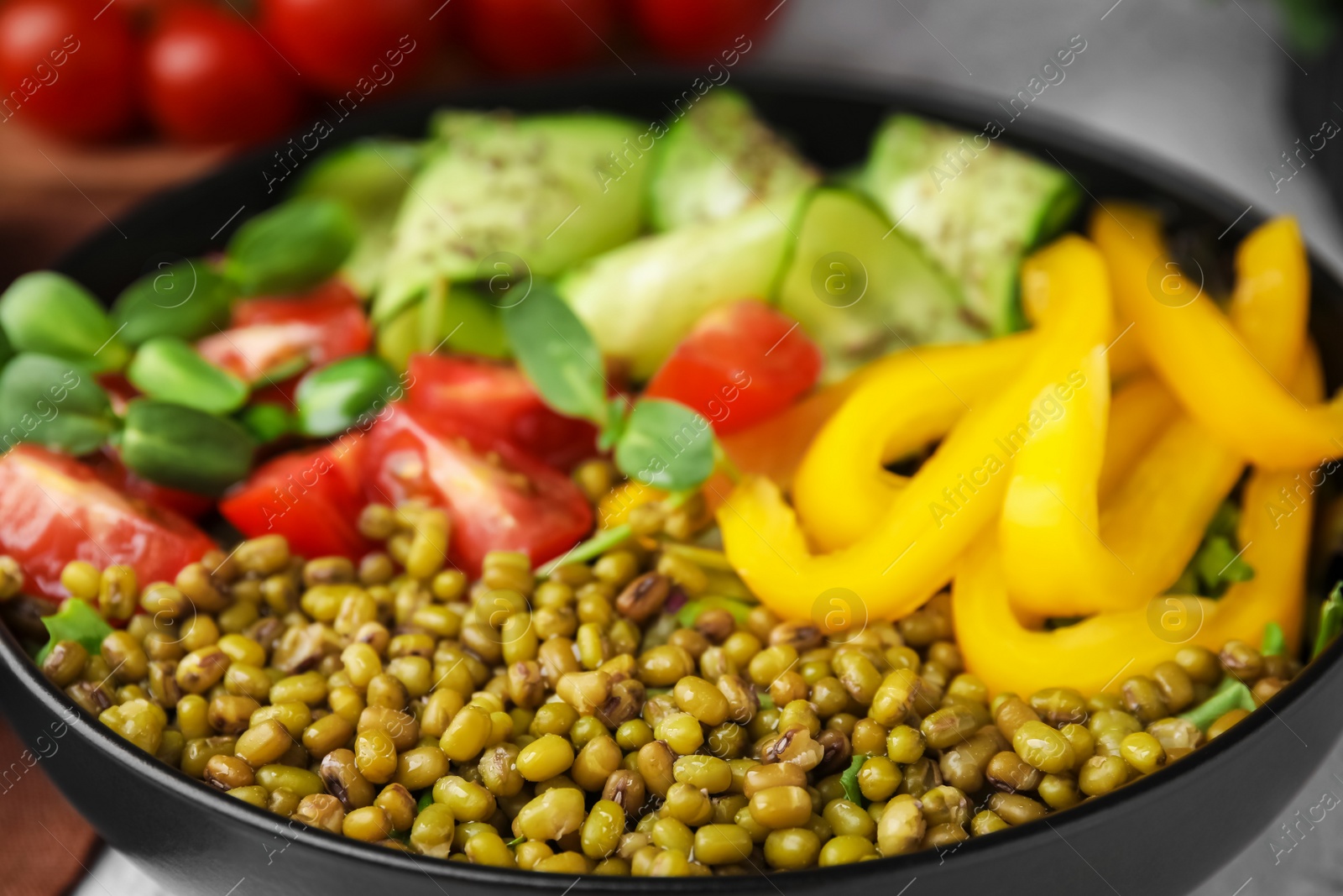 Photo of Bowl of salad with mung beans, closeup view