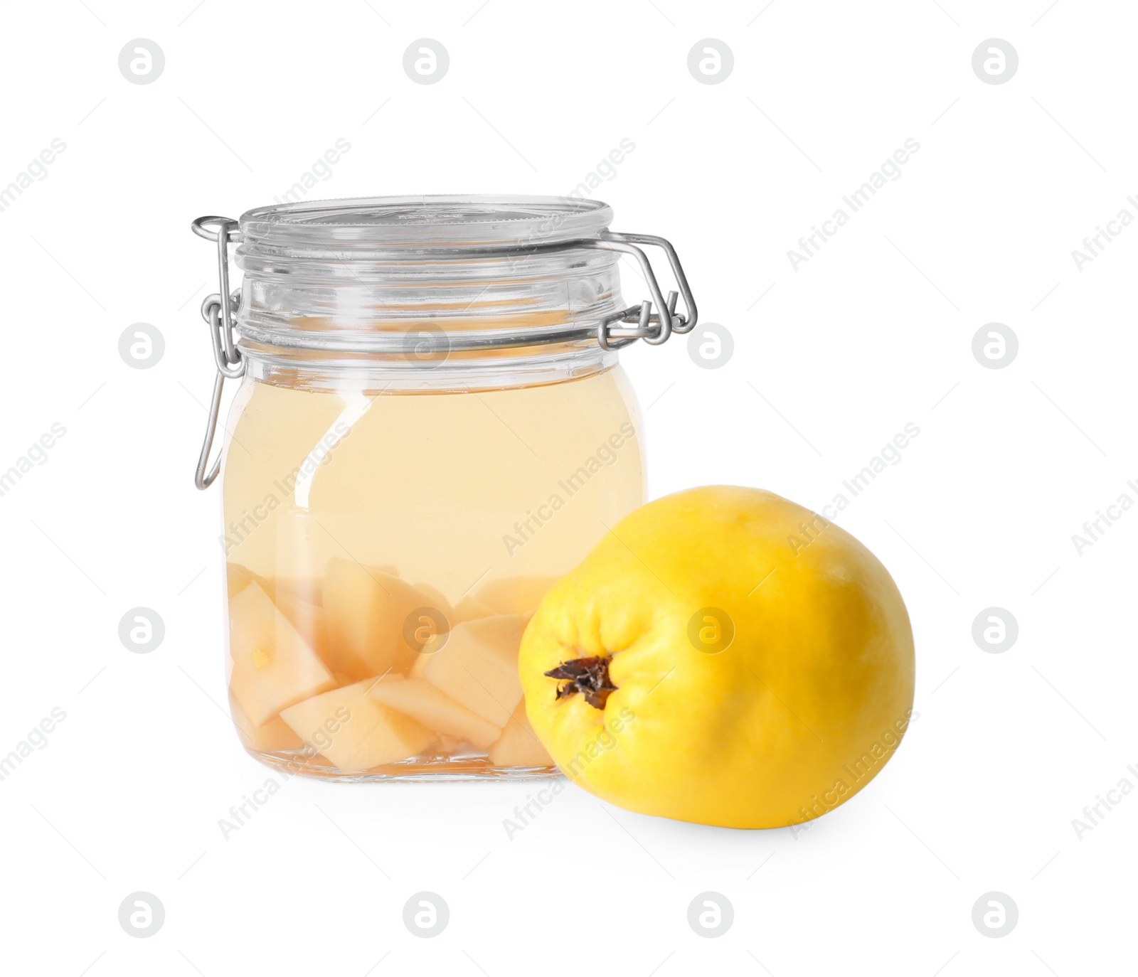 Photo of Delicious quince drink in glass jar and fresh fruit isolated on white