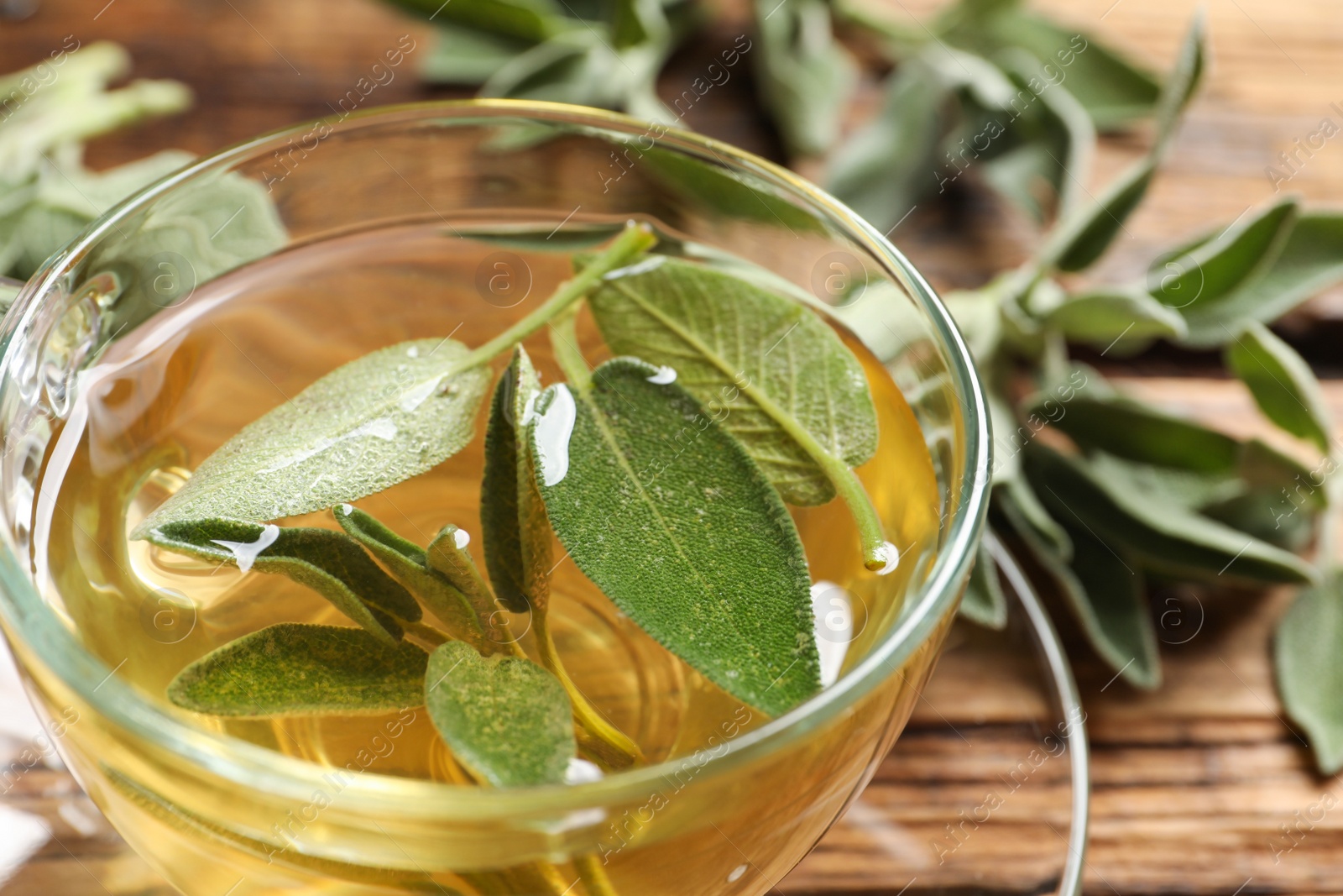 Photo of Cup of aromatic sage tea with fresh leaves on wooden table, closeup