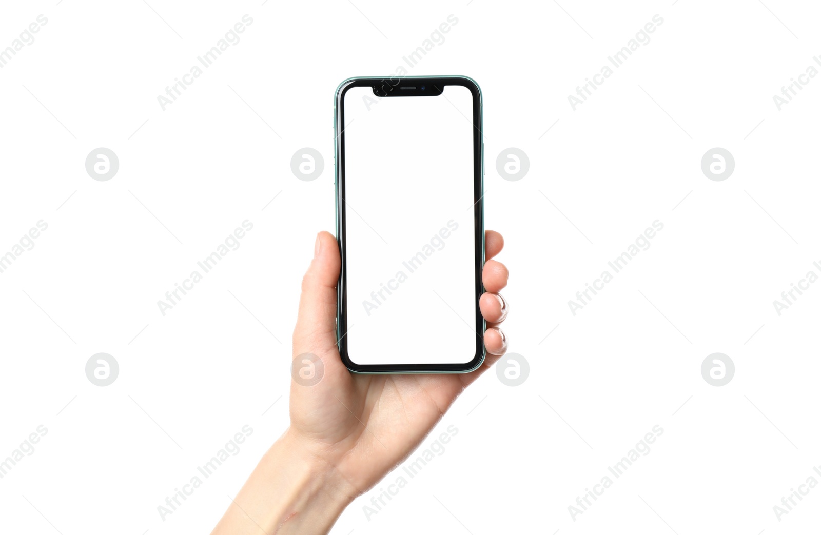 Photo of MYKOLAIV, UKRAINE - JULY 07, 2020: Woman holding iPhone 11 on white background, closeup. Mockup for design