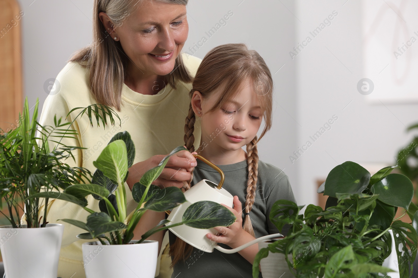 Photo of Grandmother with her granddaughter watering houseplants together at home