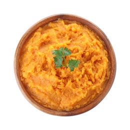 Photo of Bowl with mashed sweet potatoes on white background, top view