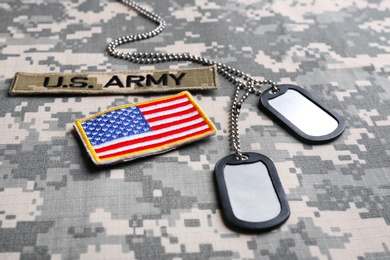 Photo of Military ID tags and US army patches on camouflage background