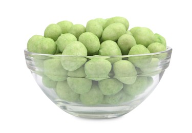 Photo of Tasty wasabi coated peanuts in glass bowl on white background