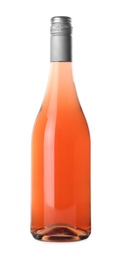 Photo of Bottles of delicious rose wine on white background. Mockup for design